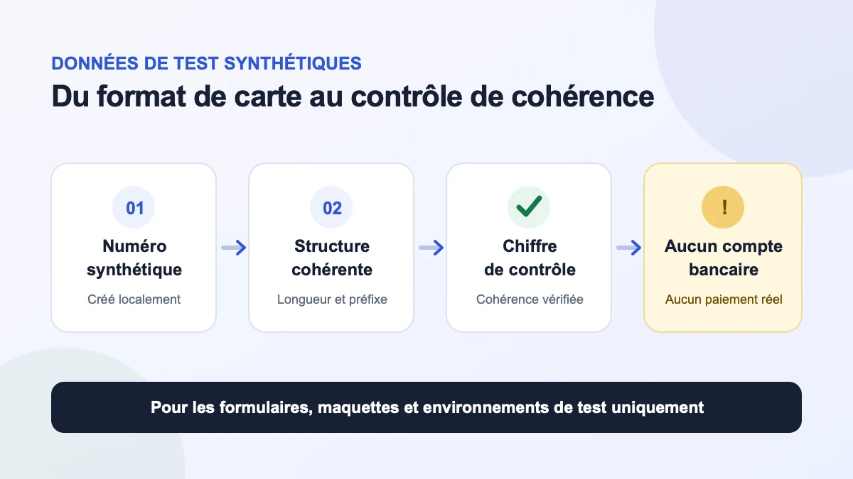 Schéma expliquant comment un random credit card generator crée des données de test synthétiques
